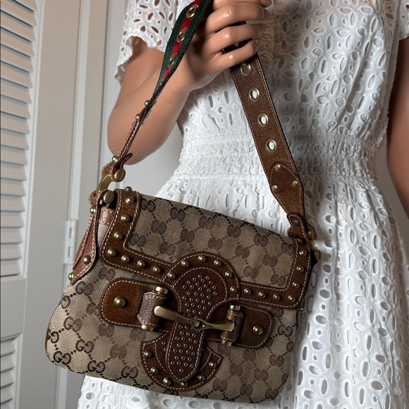Gucci GG monogram studded horse bit web shoulder bag